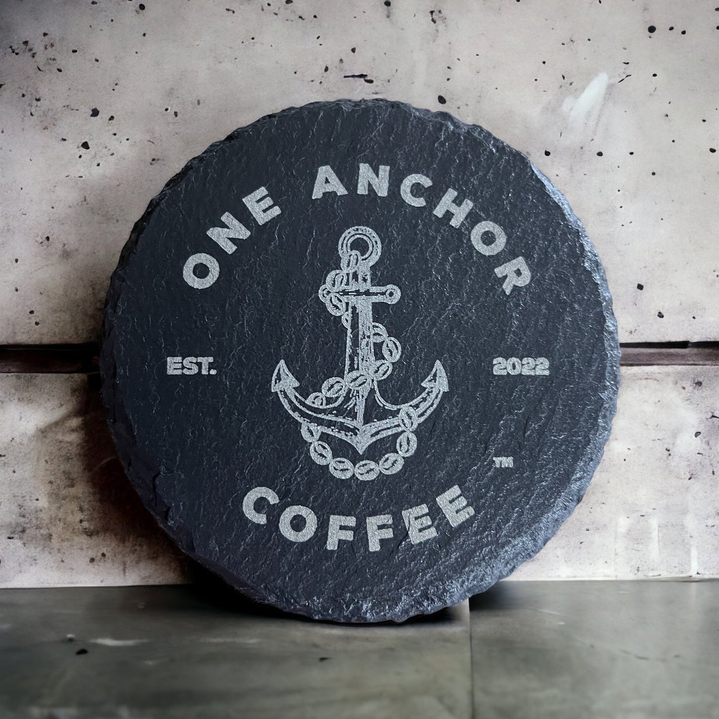 Premium Slate Drink Coasters with Custom One Anchor Coffee Logo - Elevate Your Coffee Experience!