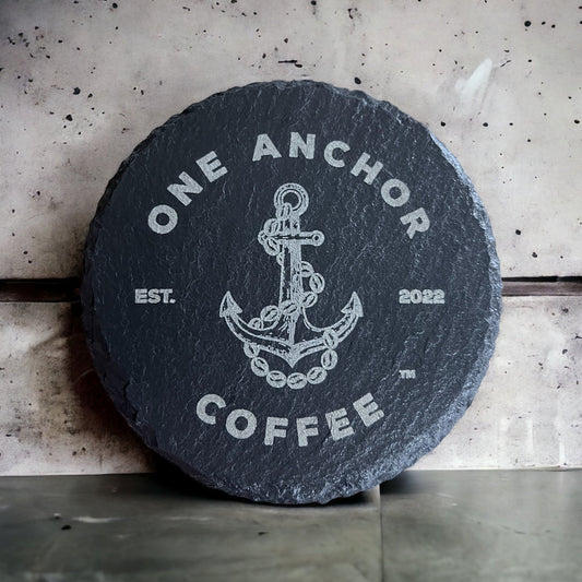 Premium Slate Drink Coasters with Custom One Anchor Coffee Logo - Elevate Your Coffee Experience!